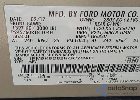 2017 Ford Explorer Xlt z USA, uszkodzony, nr VIN 1FM5K8D82HGC28983